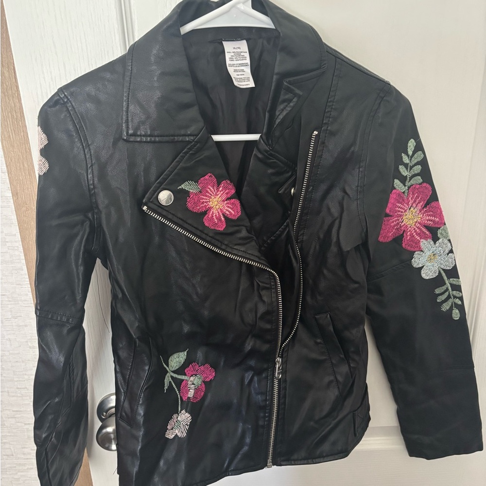 Bebe Black and Pink Leather Jacket with Floral Embroidery